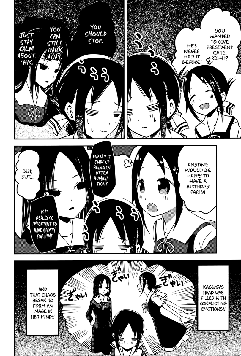 Let’s talk about conflicts, Kaguya has many various conflicts throughout the story both minor and major. For minor conflicts, there are external conflicts like Kaguya wanting to eat weiner but not wanting to say it outloud to inner conflicts like the Kaguya court.