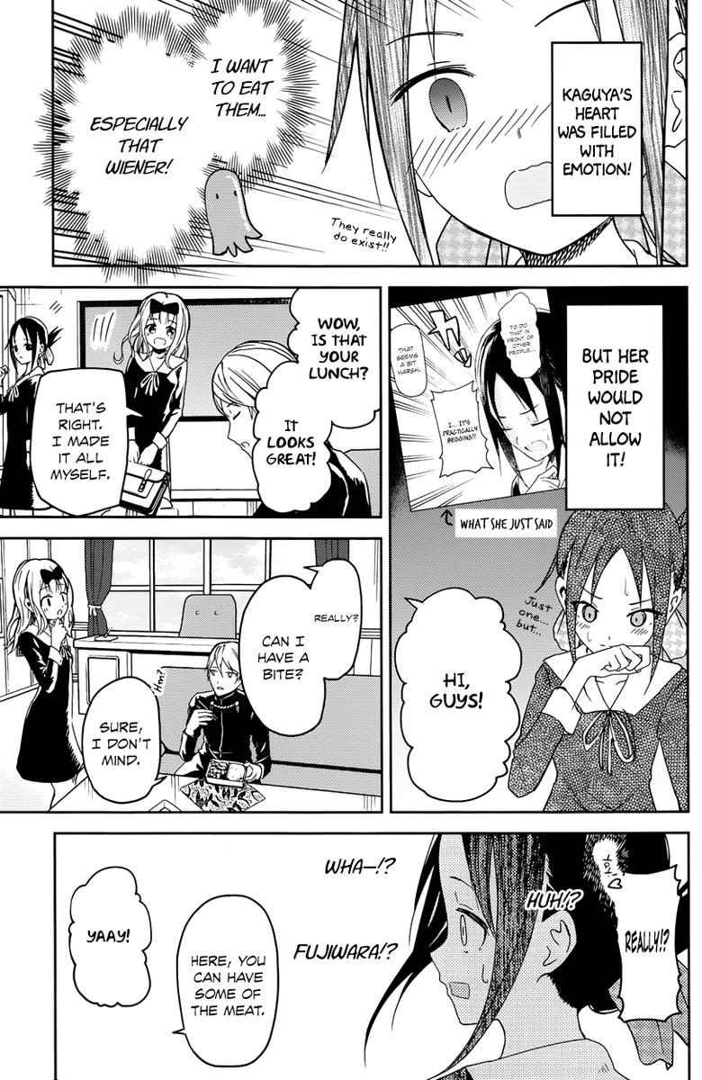 Let’s talk about conflicts, Kaguya has many various conflicts throughout the story both minor and major. For minor conflicts, there are external conflicts like Kaguya wanting to eat weiner but not wanting to say it outloud to inner conflicts like the Kaguya court.