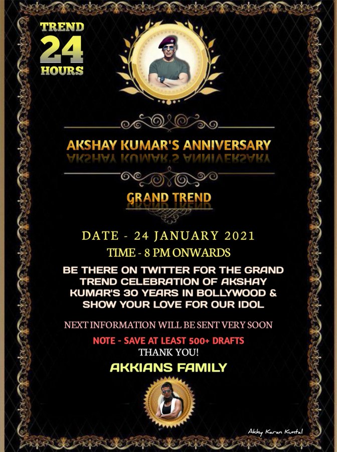 Akshay Kumar 24x7 on Twitter: "Trend Alert: 🔉🔉 be ready to celebrate 30 years of Megastar @akshaykumar sir B-Town on 24th January, 8Pm onward. Let's make grand by a