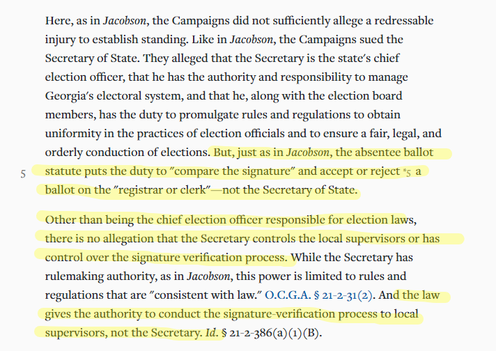 OK, after looking at it, I don't think this case controls. The issue there was a challenge to signature matching on absentee ballots, which by statute is done only by the county officials. This is a challenge to whether the election was certifiable as a whole, which seems to be