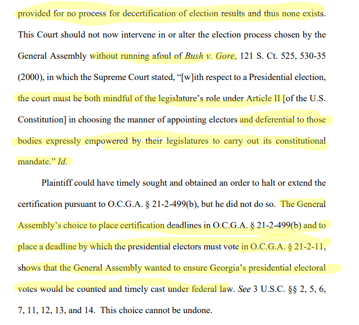This is a strong argument. Not only has the Eleventh Circuit already held that you can't turn back time, you can't find a way, but also there's a Bush v. Gore problem: State law provides for certification and voting deadlines and a way to delay it, and no way to "decertify"
