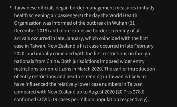 Taiwan was first to ban travel from China, but they did it less to contain COVID than to push a hard line on China. They even let in a COVID-infested Japanese cruise ship one month after their China travel ban 16/