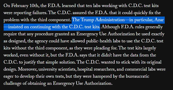 The article makes it sound like testing is Azar’s fault, but Pottinger never proposed any solution to the crisis, even though he knew of multiple viable options – which he blocked 24/