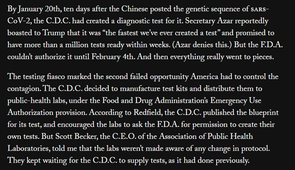The article makes it sound like testing is Azar’s fault, but Pottinger never proposed any solution to the crisis, even though he knew of multiple viable options – which he blocked 24/