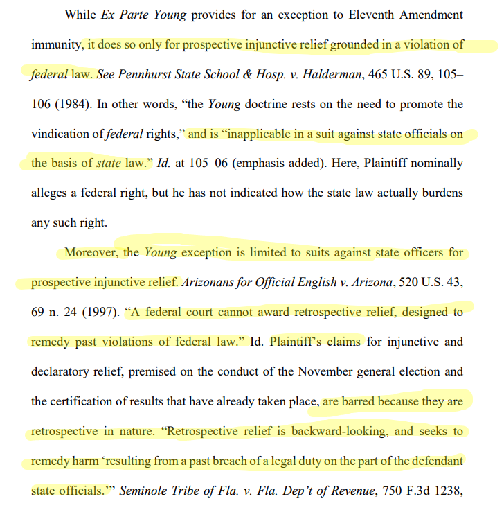 Next we have the Sovereign Immunity stuff we've seen before and that the plaintiffs just decided to ignore. You CANNOT sue a state in federal court, arguing that it did something that harmed you in the past and you want that harm fixed