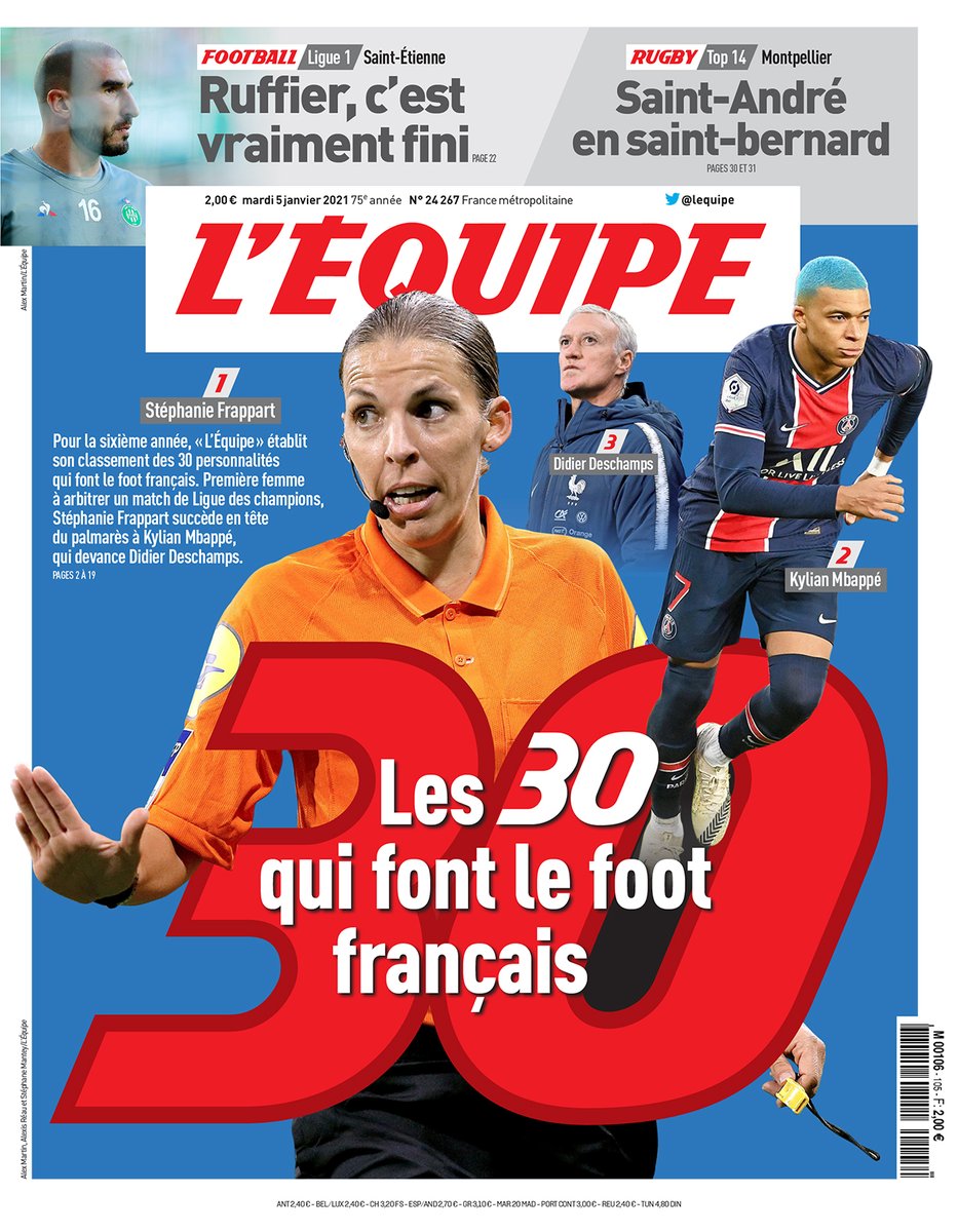 lequipe's tweet photo. 📰 Voici la une du journal L'Équipe du 5 janvier 2021 : https://t.co/0lX2il74kT https://t.co/nuvjPvXiHF
