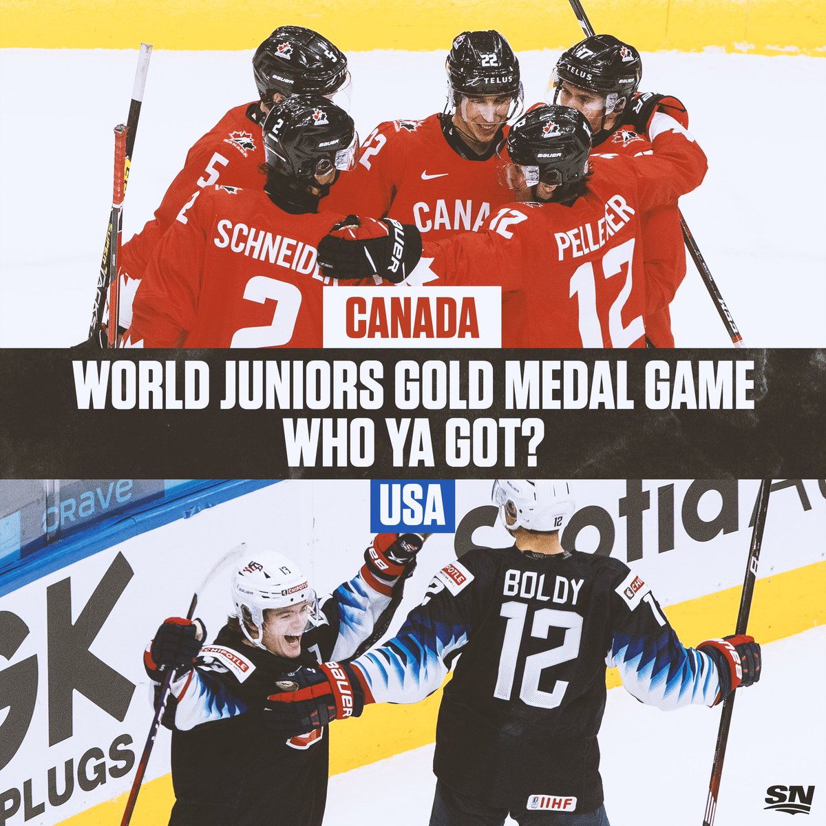 The #WorldJuniors gold medal game is set! 🥇

🇨🇦 vs. 🇺🇸.  Who ya got? 🤔