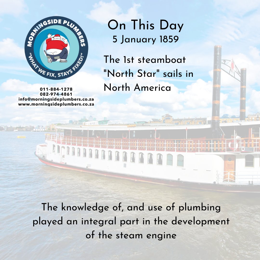 solstank's tweet photo. On this day: Steam boats required plumbing pipes, fittings and expertise to build and operate.

More info? https://t.co/ZMXn316Od0

#plumber #plumbing #history #needaplumber https://t.co/E40qZFxt2I