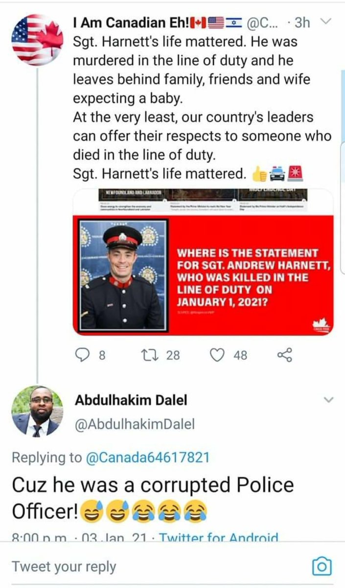 Franktmcveety's tweet photo. I feel sick from my stomach after seeing Abdulakim Dalel justifying the killing of Sgt. Harnett. Accusing someone when they are not there to defend. This is guy is running as a NDP Edmonton counselor from ward 7 in 2021. https://t.co/ww0rsSmZjf