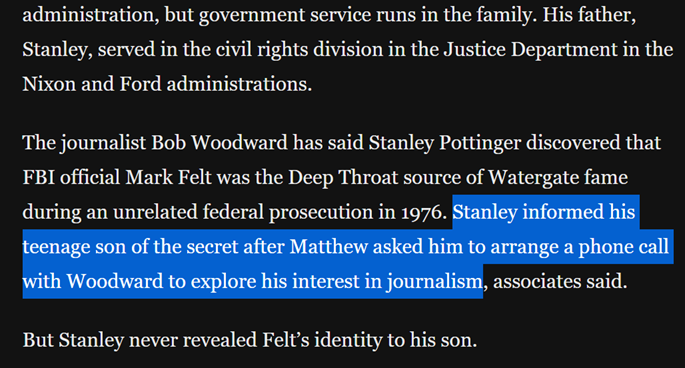 Pottinger’s father knew Deep Throat as a senior lawyer for Nixon; while he grew up, his stepmother was the leading feminist of her generation and happened to be a CIA agent 44/