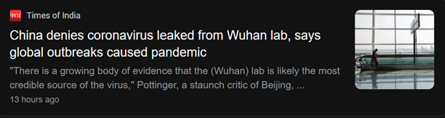 Indeed, if you google “Pottinger” and “Wuhan”, you’ll find numerous articles citing him as the progenitor of the hypothesis that the virus leaked out of a virology research lab in Wuhan - and he's still pushing these stories, even into the new year 56/