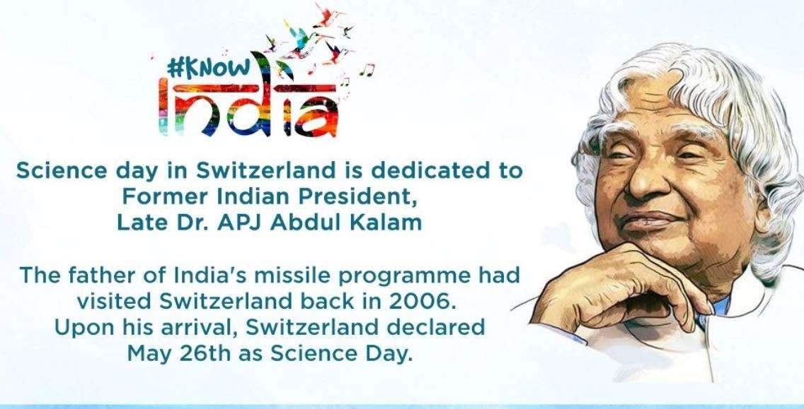 #TuesdayTrivia : Did you know that Switzerland has dedicated its #ScienceDay to Dr. A.P.J. Abdul Kalam? Share with your young friends to make them proud of our former President!
#inspireyoungminds #science