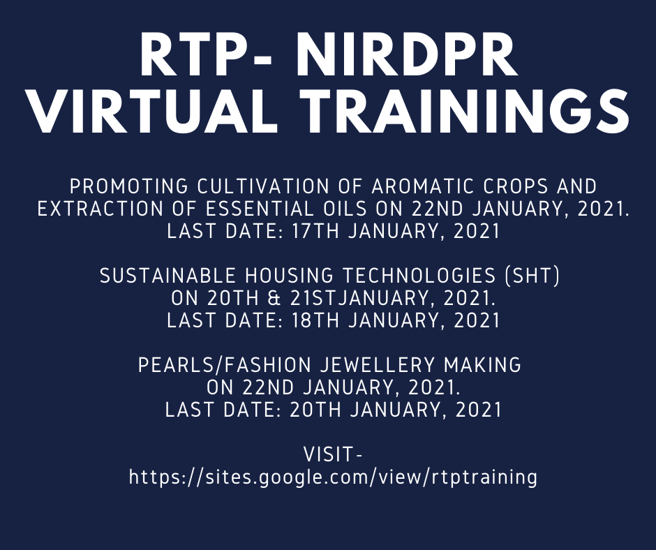 NIRDPR_India's tweet photo. The @ciatrtp at @NIRDPR_India is organizing #onlinelearning #training programs #Aromaticcrops #Essentialoils #SustainableHousing #Jewellerymaking #MushroomCultivation #HerbalProducts #Sustainablefarming #Soya & #Millet #ProcessedProducts
Kindly visit
https://t.co/emjXR3Aaai https://t.co/5A5P2gCoKO