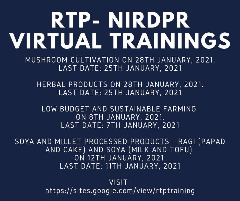NIRDPR_India's tweet photo. The @ciatrtp at @NIRDPR_India is organizing #onlinelearning #training programs #Aromaticcrops #Essentialoils #SustainableHousing #Jewellerymaking #MushroomCultivation #HerbalProducts #Sustainablefarming #Soya & #Millet #ProcessedProducts
Kindly visit
https://t.co/emjXR3Aaai https://t.co/5A5P2gCoKO