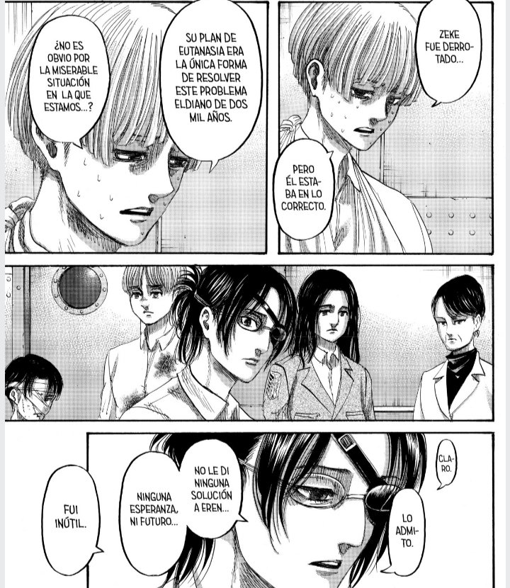 Aquí ksaver le dice a Zeke que busque a alguien en quien pueda confiar su plan de eutanasia, en el capítulo 132 Yelena pide a Hanji que admita que el plan de Zeke era la mejor opción a un retumbar, ¿Por qué a Hanji?, y ¿por qué Zeke miro a Hanji después del sueño?