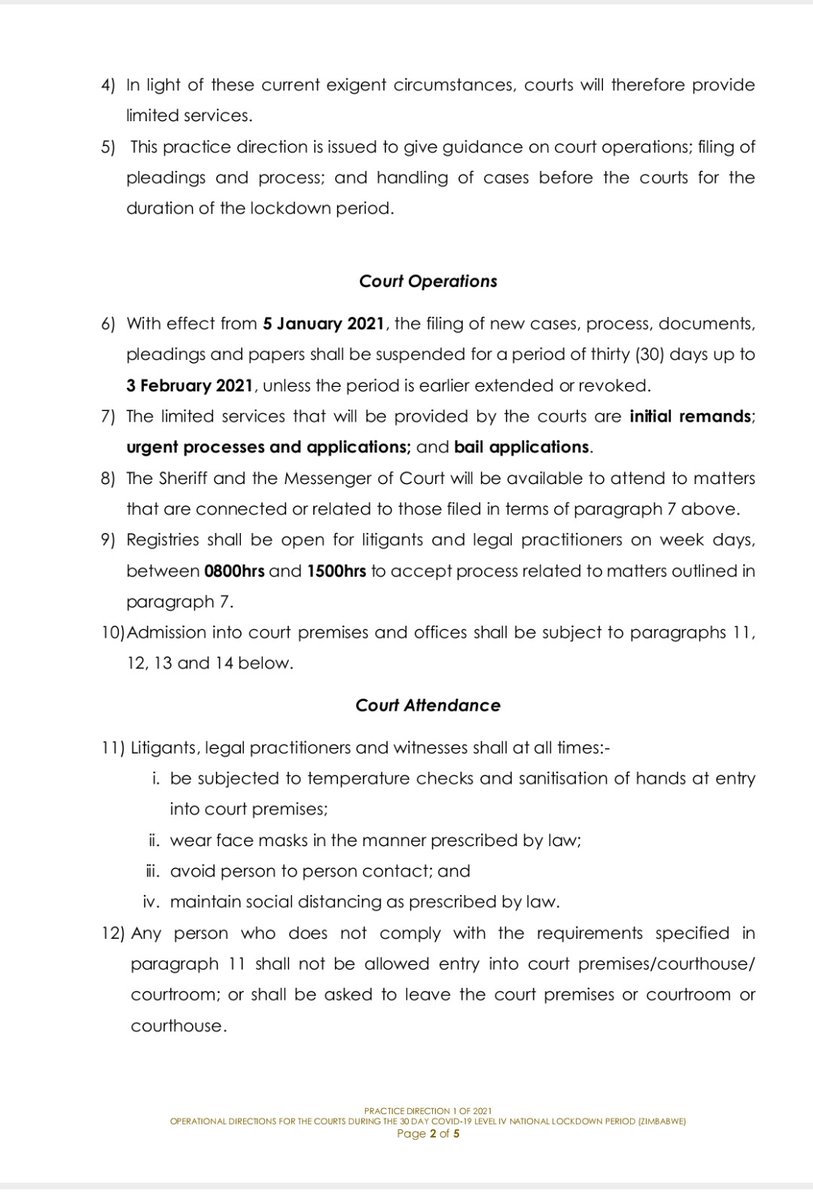 BusinessTimesZW's tweet photo. #Practicedirection With effect from Jan 5, the filing of new cases, process, documents, pleadings and papers shall be suspended for a period of 30 days. All pending criminal cases on remand shall be rolled over for a period of at 30 days, say @JSCZim
@ZLHRLawyers
@ZiFMNews https://t.co/6pVEQSqD22
