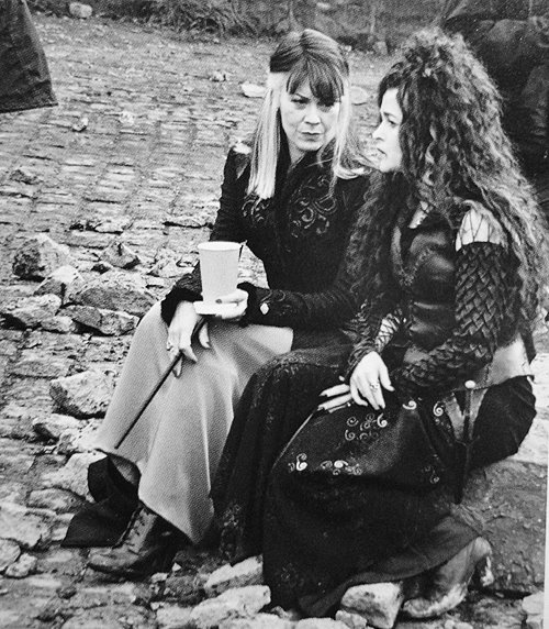 Narcissa and Bellatrix take a coffee break during the Battle of Hogwarts.