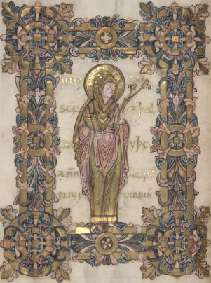 The next pre-Conquest depiction of queen is that of Saint Æthelthryth (c.636-679), abbess of Ely, in the 10th C Benedictional of Æthelwold. Though a former queen of Northumbria, she is portrayed on account of her sainthood, key to which was the renunciation of her queenly status.