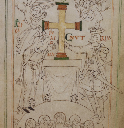 The other two depictions of queens are both of Emma of Normandy (d.1052). The earliest is her joint ruler-portrait on the Winchester New Minster Liber Vitae with her second husband Cnut, on account of his donation of a gold cross. The royal couple are given equal prominence.