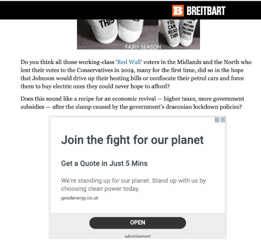 SFMisinfo's tweet photo. Ads for renewable energy company @GoodEnergy are appearing on a Breitbart article that claims “man-made global warming was never a plausible threat.”
@DavenportJuliet, this isn't your fault, but here’s how you can remove your ads: https://t.co/SJux3USzzI
#DefundClimateDenial https://t.co/zJqow0WQ7h