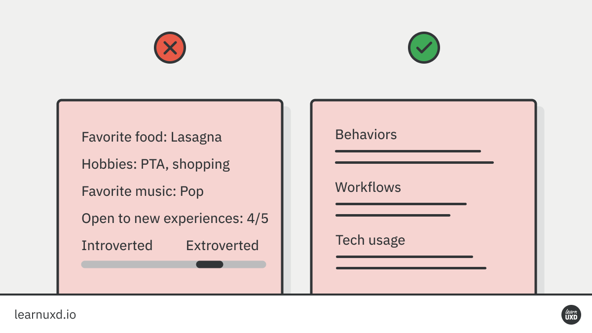 2/ Add only relevant dataPersonas should be short and focused. Every piece of information should have a purpose for being included. Personality spectrums and favorite hobbies have no bearing on the design process.