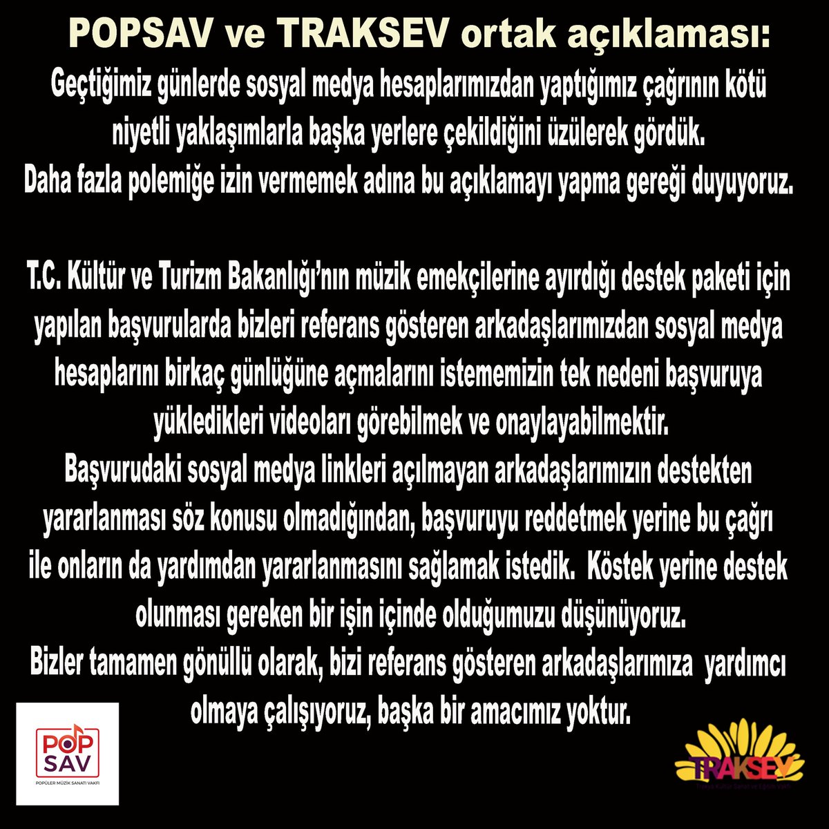 popsav_tr's tweet photo. Geçtiğimiz günlerde sosyal medya hesaplarımızdan yaptığımız çağrının kötü
niyetli yaklaşımlarla başka yerlere çekildiğini üzülerek gördük.
Daha fazla polemiğe izin vermemek adına bu açıklamayı yapma gereği duyuyoruz. #POPSAV https://t.co/StGcd2Wy6q