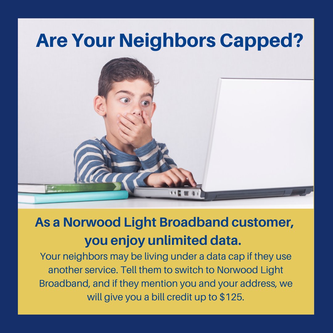 NorwoodLight's tweet photo. Norwood Light Broadband is already a great deal, and now it’s even better. One ISP now caps monthly data use. We have no data cap. And we reward you for referring new customers to us.
#norwoodMA
#NorwoodLight
#Broadband
#Nodatacap
#highspeedinternet https://t.co/EpNXTAfvag