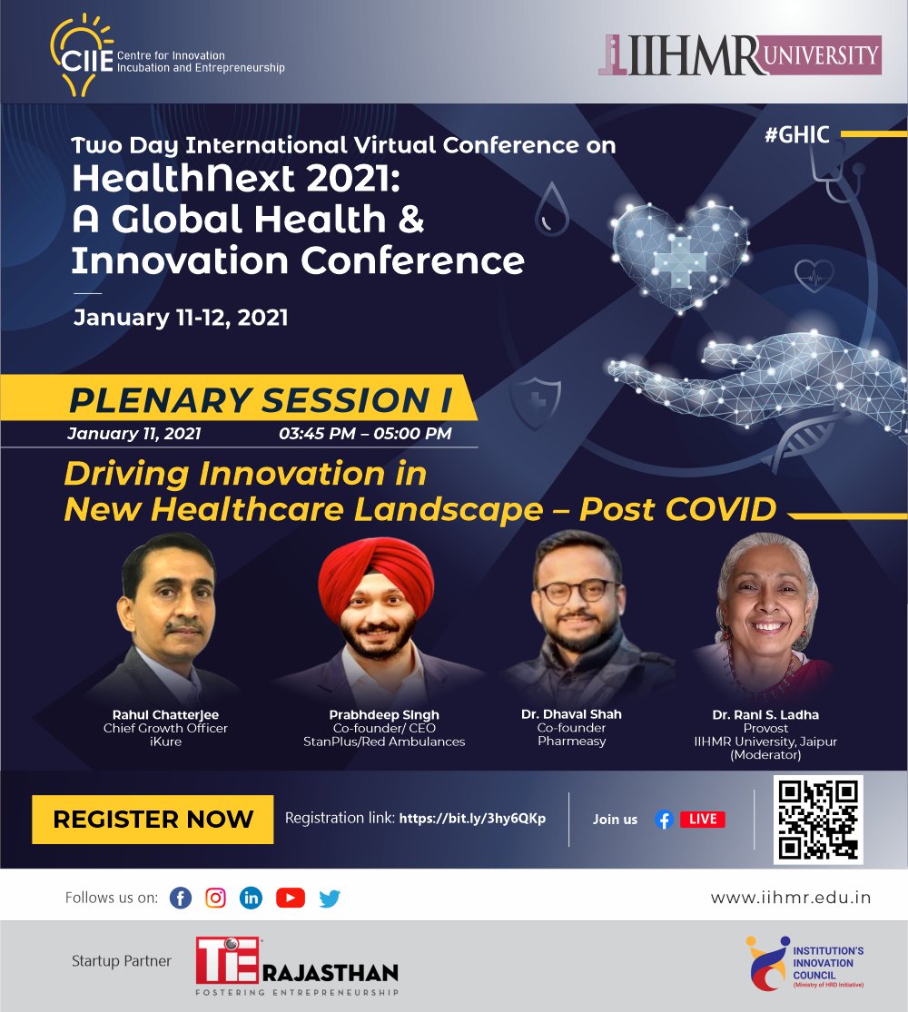 Join eminent industry leaders at #IIHMRUniversity’s two-day #InternationalVirtualConference on HealthNext 2021: A Global Health and Innovation Conference on January 11 and 12, 2021. 

Join: iihmr.edu.in/jaipur/ghic--2…

#IIHMR #CIIE #GHIC #HealthcareManagement #BIZ_Pitch #PostCOVID