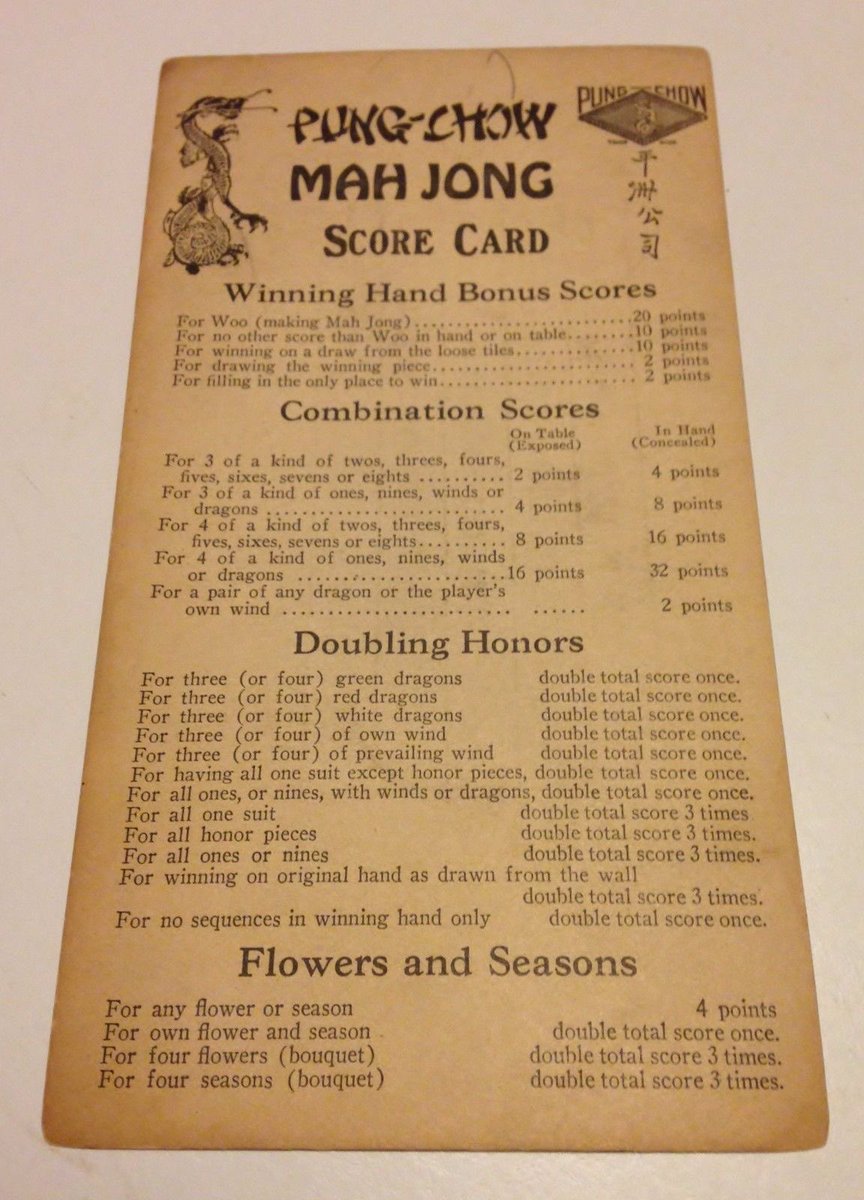 I was all ready to mock American players needing to have score cards and not relying on the one player who just remembers.But then I realised, oh yeah, my aunt used to make and distribute laminated charts of her hybrid HK-Taiwan style scoring system too.