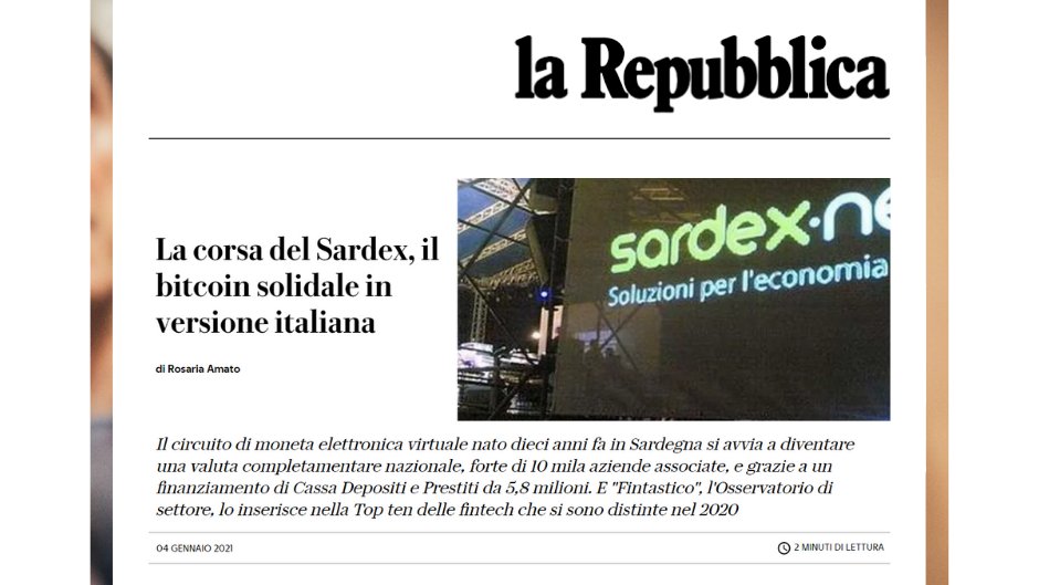 📰La Repubblica racconta il Circuito #Sardex, oggi presente in 15 regioni d'Italia con più di 10mila aziende iscritte, e segnalata da Fintastico tra i dieci round fintech e insurtech più interessanti conclusi nel 2020. 
Vai all'articolo per saperne di più: bit.ly/35aR1UZ