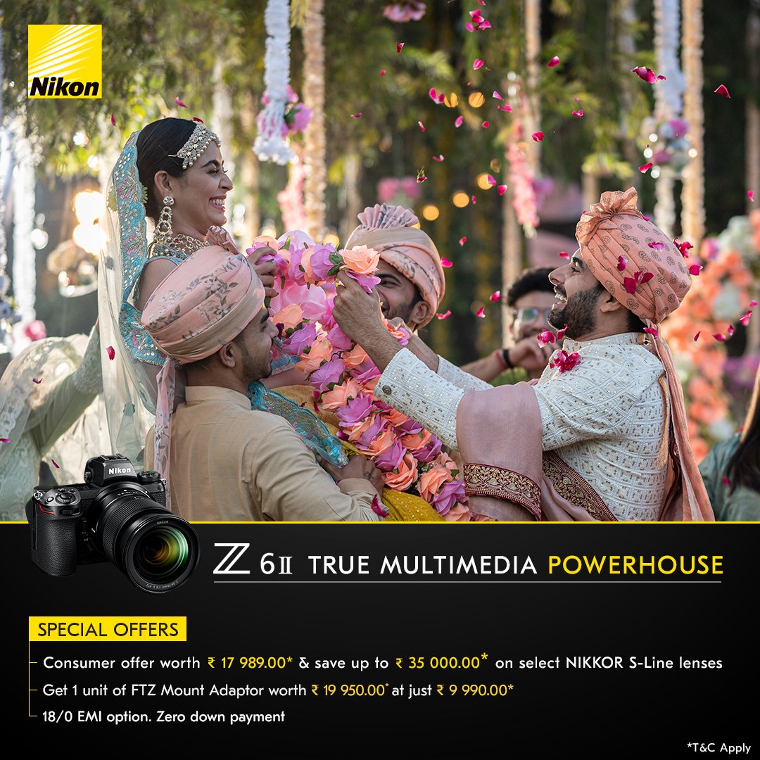 NikonIndia's tweet photo. On your purchase of the Z 6II full-frame mirrorless camera save up to ₹ 35 000.00 on select NIKKOR S-Line lenses and consumer offers worth ₹ 17 989.00, get 1 unit of FTZ Mount Adapter worth ₹ 19 950.00 for just ₹ 9 990*

#NikonIndia #ZSeries #ConsumerOffer #NikonZ6II https://t.co/bvbd0HNw7S