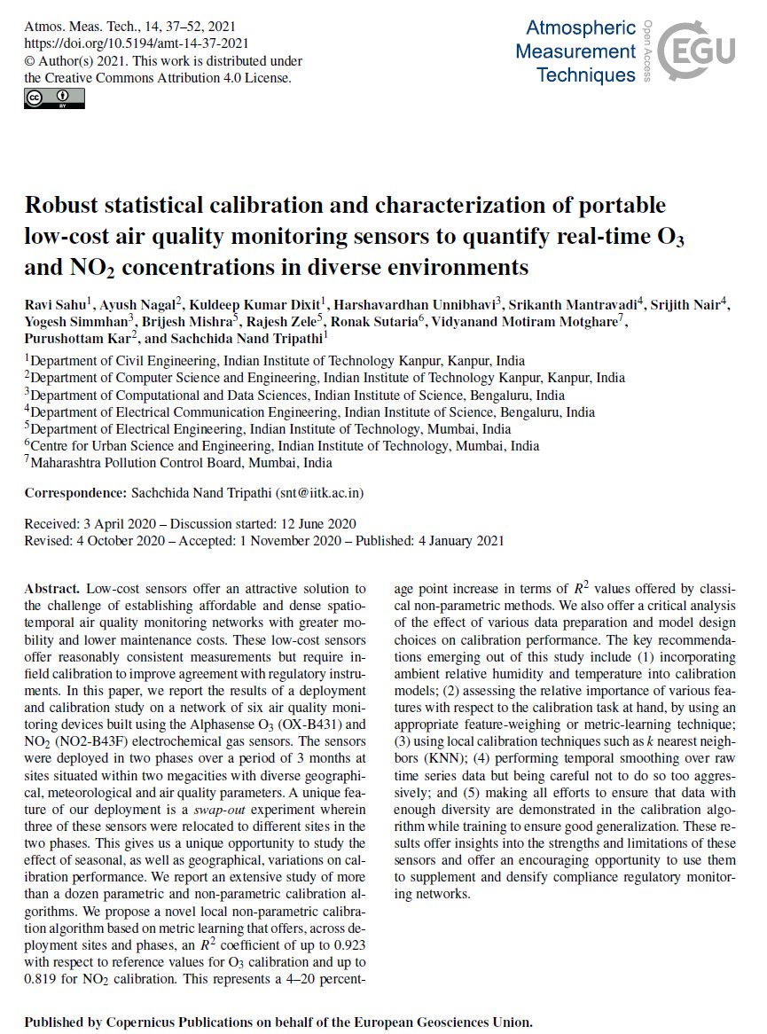 Our joint article with #IITK and #IITB on #ML models for calibrating low-cost #AirQuality #sensors in an #IOT network is accepted in #AMT #EGU journal

 doi.org/10.5194/amt-14…