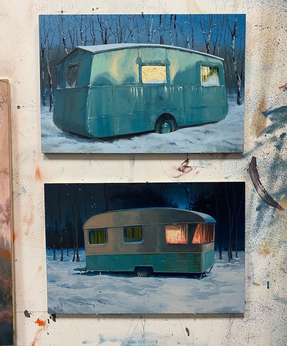 ‘New work @jamesfreemangallery ‘ @Mackieart 
.
.
#caravans #hideaways #winteriscoming❄️ #dusktilldawn #caravanning #oilylife #nocturne #paintingminis #london #londonart #londonstudio #winter #winterart #wimbledon #wimbledonart