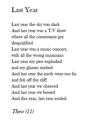 KateClanchy1's tweet photo. If you're wondering where to start this morning, you could try a poem about last year. Just a string of metaphors: what weather was it? what colour? what animal? Theo was 11. https://t.co/No3IBfGHRE