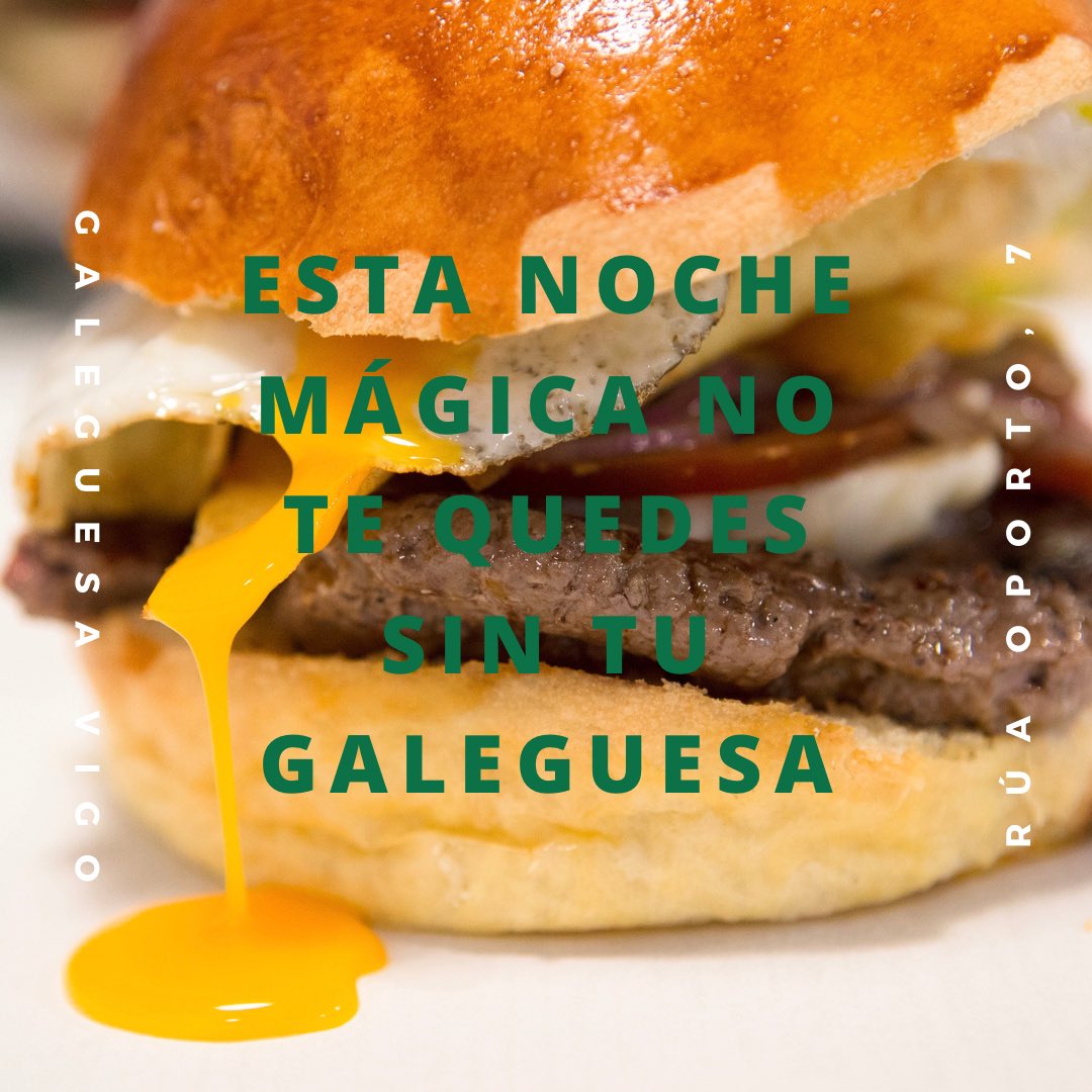 No te quedes sin tu galeguesa en la noche más mágica del año 🌟😉

Abrimos esta noche, de 20:00 a 22:55, para servicio a domicilio o take away. 
Puedes pedir tu galeguesa por Just Eat o llamándonos al 986 11 33 03 🍔

#NocheDeReyes #Galeguesa #Vigo #Galicia #Burger