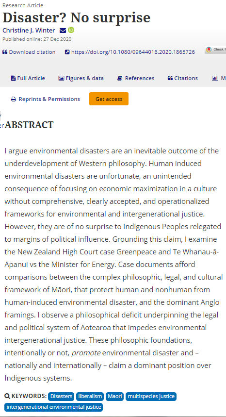 Env_Pol's tweet image. New article: &quot;Disaster? No Surprise.&quot; @WinterChristine uses New Zealand High Court case Greenpeace &amp;amp; Te Whanau-ā-Apanui vs the Minister for Energy to argue environmental disasters are an inevitable outcome of the underdevelopment of Western philosophy. 
bit.ly/3b6Cde4