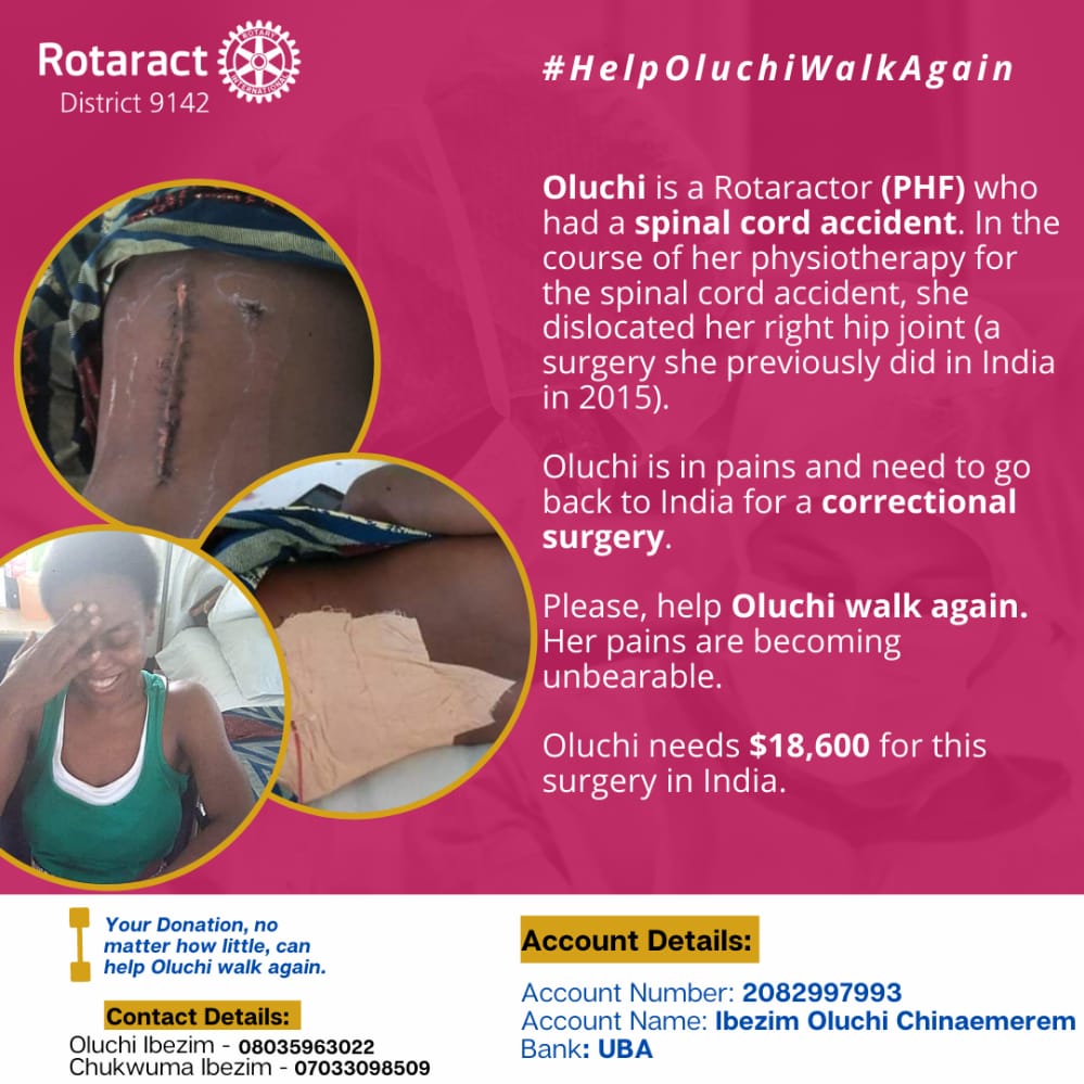 Richy2441's tweet photo. *#HelpOluchiWalkAgain*

Miss Ibezim Oluchi is a 36 year old lady who in the course of physiotherapy for the spinal cord accident she had in 2016, dislocated her right hip joint, https://t.co/A0r446ACns