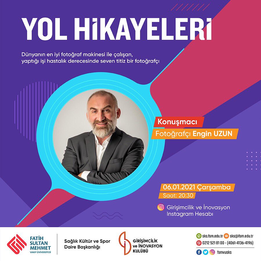 📸 <a href="/fsmvuGik/">Girişimcilik ve İnovasyon Kulübü</a> kulübü Yol Hikayeleri” programıyla Fotoğraf Sanatçısı <a href="/enginuzun/">engin uzun</a> ‘u ağırlıyor!Kendi yol hikayesinin konuşulacağı aynı zamanda fotoğraf çekmeye dair ufak tüyolar öğrenebileceğiniz program davetlisiniz!
📆 06 Ocak 2021 Çarşamba
⏰ 20:30
📱 <a href="/fsmvuGik/">Girişimcilik ve İnovasyon Kulübü</a> Instagram Canlı