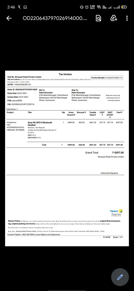 crazyrahul95's tweet photo. This is to inform you @flipkartsupport @ConsumerReports @jagograhakjago that i purchased a HEADSET few days ago(bill attached) from @Flipkart . There is a massive fault of which i filed complaint , but your customer care guys are misguiding me, keeping me on hold for 25+ mins. https://t.co/fvBWPcRboU