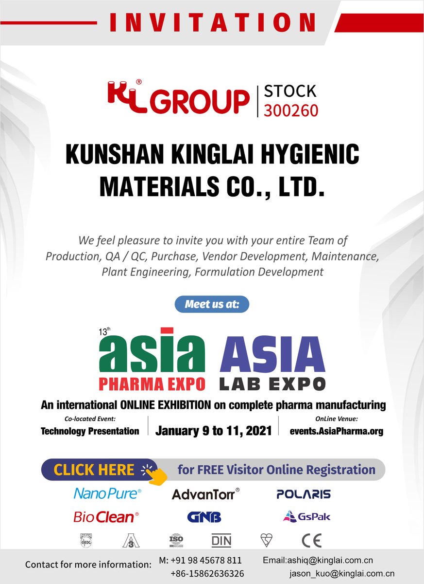 KINGLAI Group sincerely invites you to Asia Pharma Virtual Expo event to be held from January 9th  to 11th  2021 . Our team will meet you virtually to explore new opportunities. We look forward to seeing you soon.
 
Click here Asiapharma.org for detailed Information.