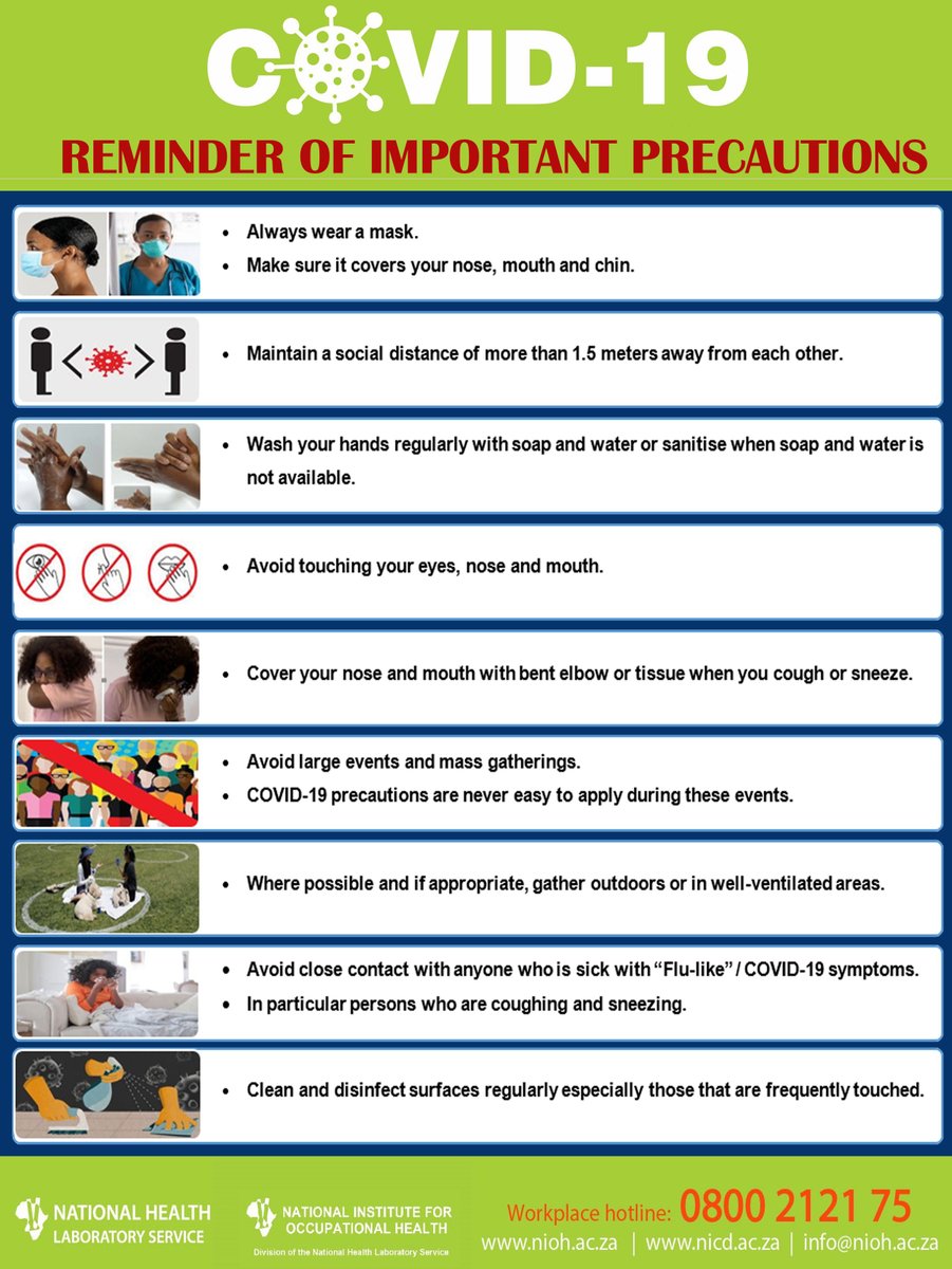 nioh_sa's tweet image. It is important to be reminded of  the precautions we must take to ensure that we #StaySafe and protect one another in all workplaces.  

#playyourpart #AlertLevel3 #Covid19SA 
@nicd_sa @HealthZA @GDCoGTA @deptoflabour @CovidCommsSA @COVID_19_ZA