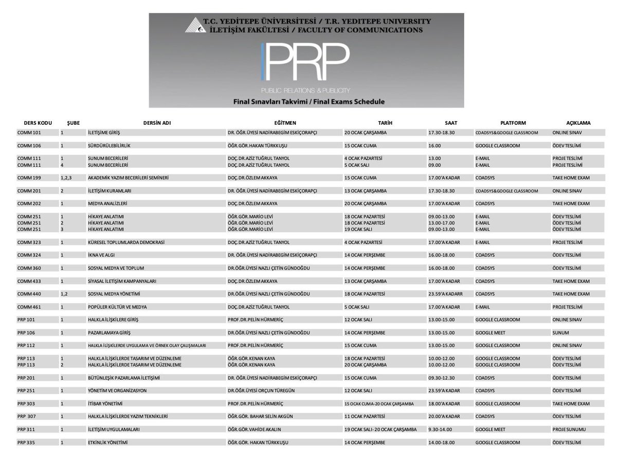 Sevgili arkadaşlar,
 2020 Güz dönemi final takvimimiz güncellenmiştir. PRP 311 ve PRP 307 derslerinin finalleri ile ilgili değişikleri bio’da yer alan linkten bulabilirsiniz.