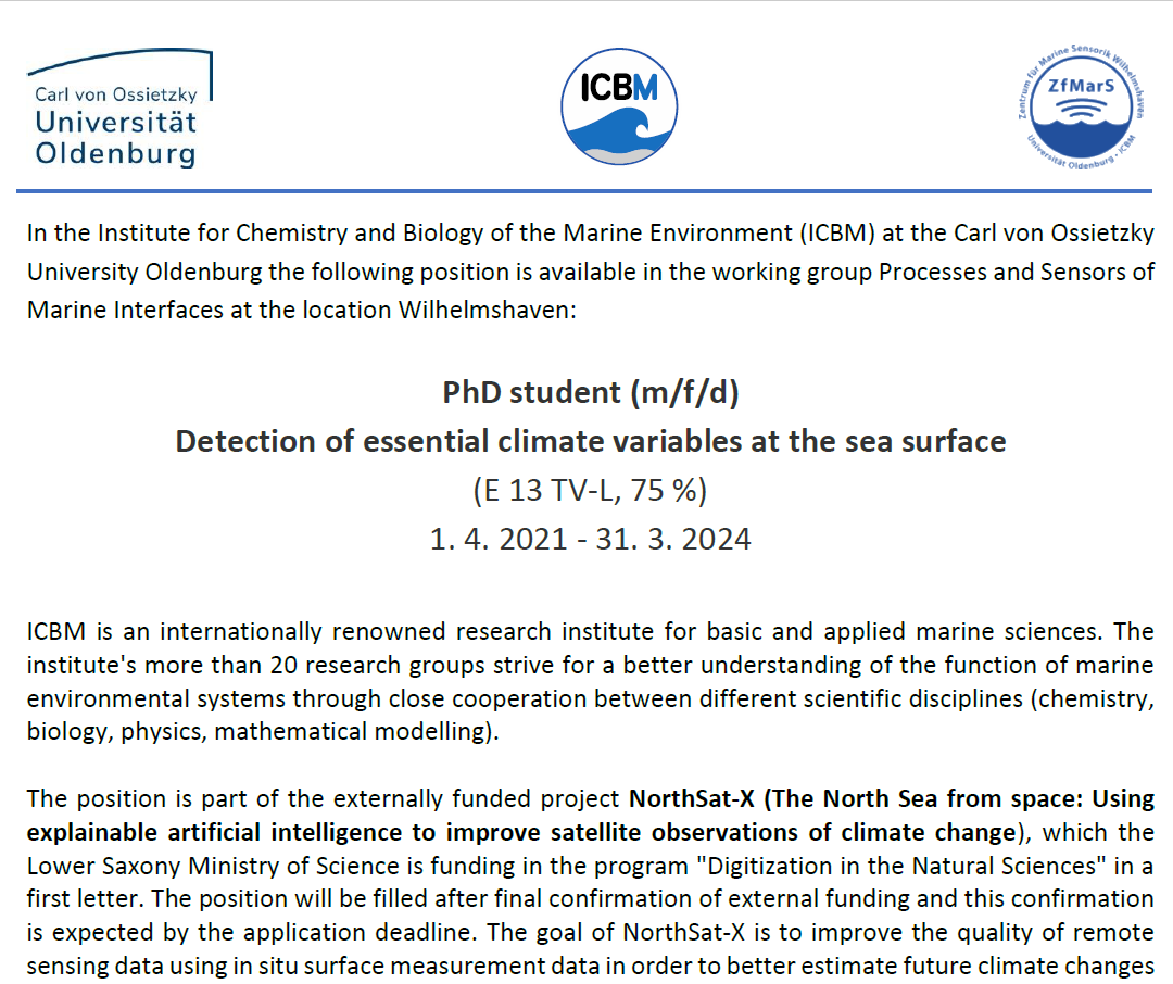 Marine Interface group at @ICBM <a href="/ZfMarS_ICBM/">ZfMarS</a> @UniOldenburg is looking for new #PhD student for the #NorthSatXProject Apply by 31/01. DM for more info. RT please.