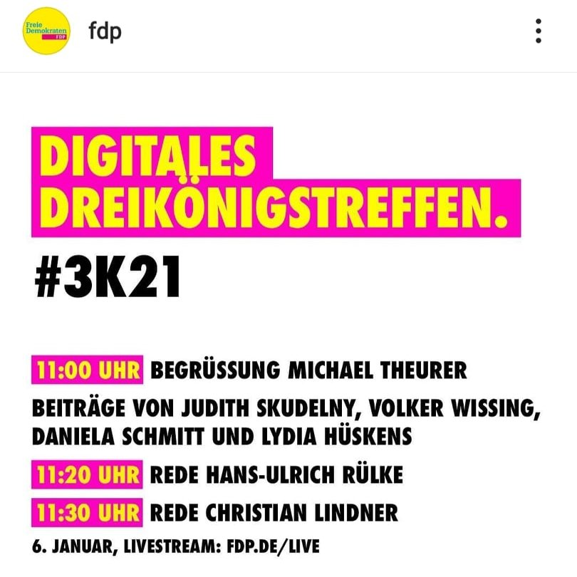 NikolasPalmari2's tweet photo. #3K21 - Digitales #Dreikönigstreffen der FDP am 6. Januar 2021 mit #DanielaSchmitt, #VolkerWissing, Michael Theurer, Judith Skudelny, Lydia Hüsken, Hans-Ulrich Rülke und #ChristianLindner
#Live ab 11 Uhr auf https://t.co/lI0t1oJx8t https://t.co/Qhh8TZdPR1