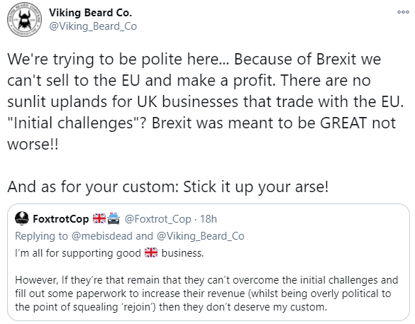 Ha! Keyboard Brexit warrior has deleted his account after being burned!

He's the one who earned our beloved <a href="/MaidenSarah2/">Sarah</a> a 12hr ban after she handed him his a*se on a plate yesterday.

Don't mess with Vikings! 😉🤣