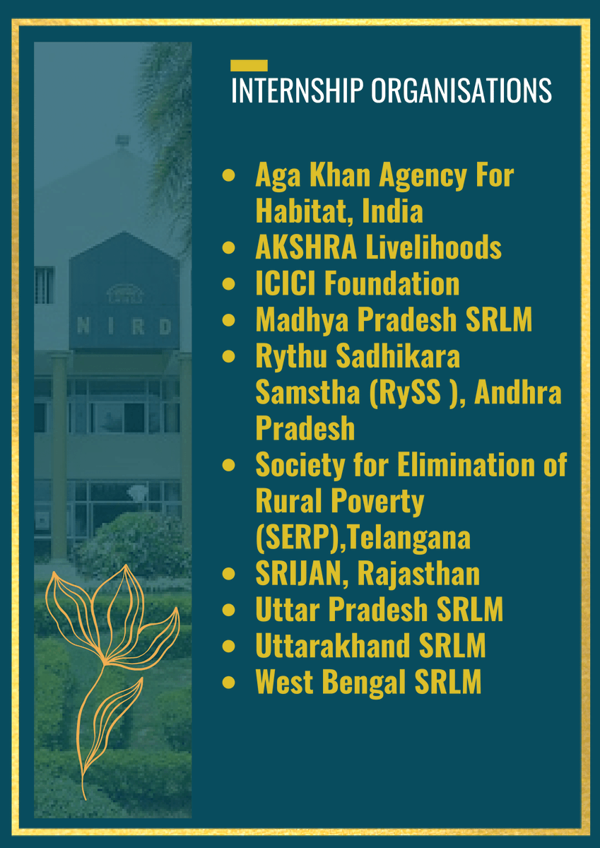 NIRDPR_India's tweet photo. Invitation for #Placements
Batch Insights of #AICTE Approved PGDM-RM Batch 2019-21
We invite #Corporates #PSUs #CSR Firms #NGOs & #SRLMs
Online Link- https://t.co/VL09azFSeD
Contact
Dr. Sucharita Pujari
Asst. Professor, CPGS&DE, NIRDPR
sucharitapujari.nird@gov.in https://t.co/YqdODl7SCz