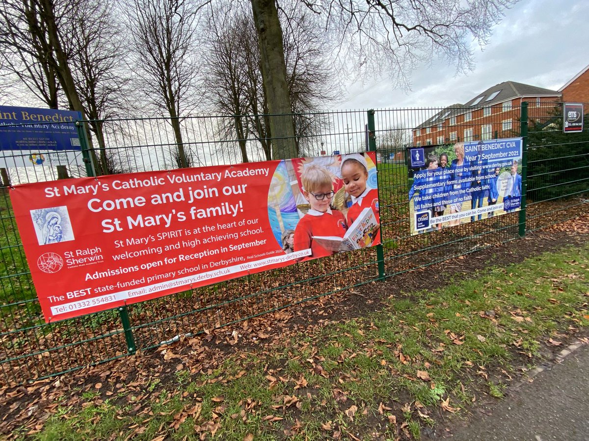 SRSCMAT's tweet photo. Great to see the @stmarysderby banner outside @StBenedictDerby two Trust schools working together, if you are thinking about joining the @stmarysderby family take a look at their website https://t.co/LkfORSYi6S #srsfamily #stmarysspirit https://t.co/ox0Y9Cjs8J