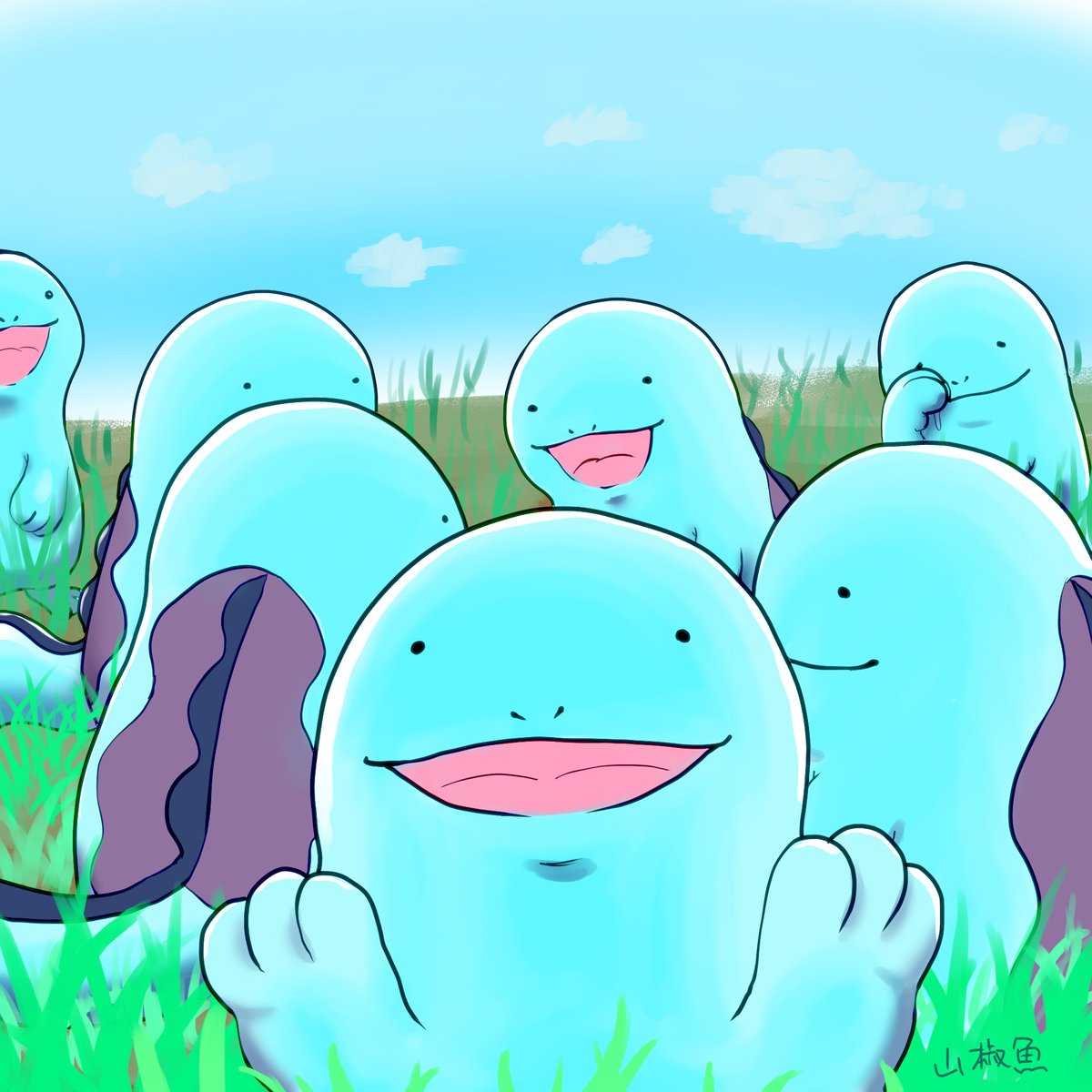 no humans pokemon (creature) day outdoors open mouth smile grass  illustration images