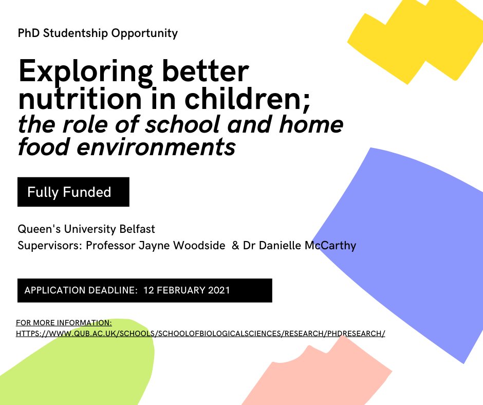 Considering a PhD?  Interested in childhood nutrition? Here's a fantastic opportunity to work with us at Queen's University Belfast. More details can be found here qub.ac.uk/.../SchoolofB.… <a href="/QUBelfast/">Queen's University Belfast 🎓</a> <a href="/CPH_QUB/">QUB Public Health</a> <a href="/QUBIGFS/">IGFS</a> <a href="/QUBbioscience/">School of Biological Sciences</a>  <a href="/WoodsideJayne/">Jayne</a>