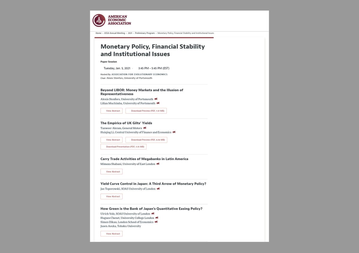 Come and join our session at 3:45-5:45 (CET) at the ASSA conference today! We discuss central banking, financial markets and sustainability in Japan, UK, Zambia and LATAM. 
aeaweb.org